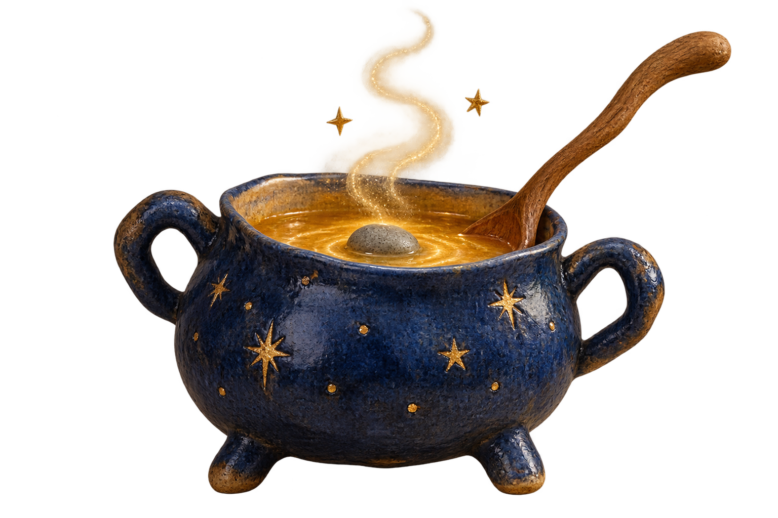 A star-covered ceramic pot with golden soup and a crooked wooden spoon